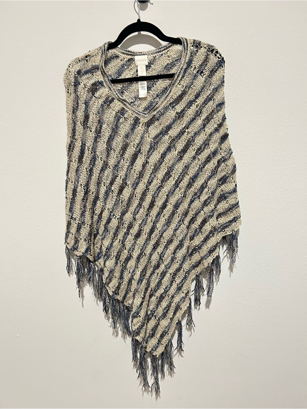 Chico's Cream and Blue Striped Poncho With Fringe